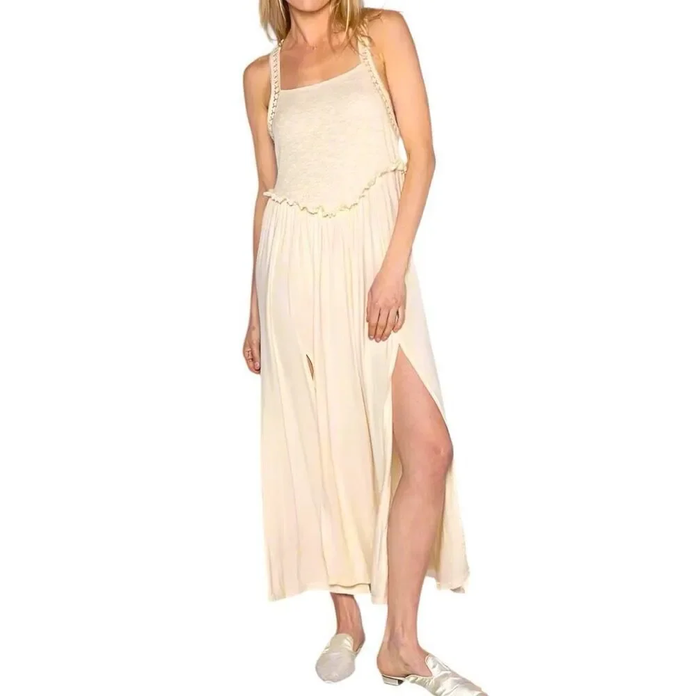POL Beige Maxi Dress Cami Square Neck Side Slit Boho Beach Vacation NWT - Picture 3 of 8